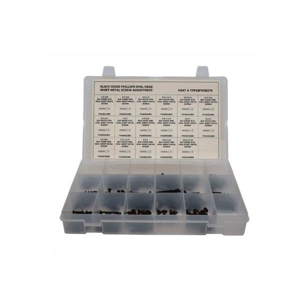 Titan Fasteners 275 Piece Sheet Metal (Tapping) Screw Assortment - No 6 to No 12 - Phillips Oval Head - Black Oxide TFP18FVABK275 - main